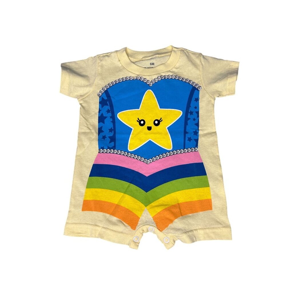 NWT Star & Rainbow Baby Onesie 6M Yellow Short Sleeve Snap Closure 100% Cotton